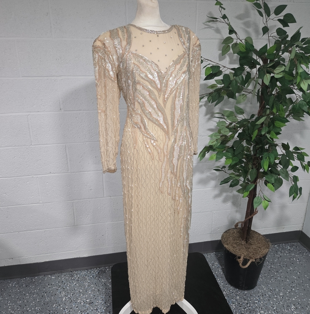 VTG 80s Ret Turner Silk Old Hollywood Glam Beaded Sheath Formal Gown 12 Gold
